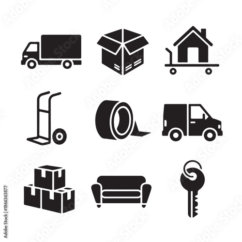 Moving House Related Objects Silhouette Style With Transport Truck Box Furniture And Key Vector Illustration Is Best For Design Projects