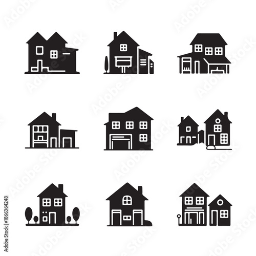 Set of House Home Building Silhouette on Transparent Background Home Exterior Residential Architecture Real Estate Property Vector