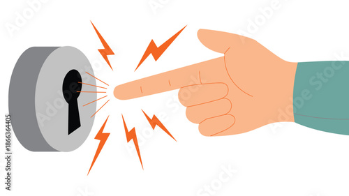 Static Electricity Shock from Hand Touching Metal Doorknob, Visible Electric Discharge, Lightning Symbol, Sudden Spark Hazard Illustration.