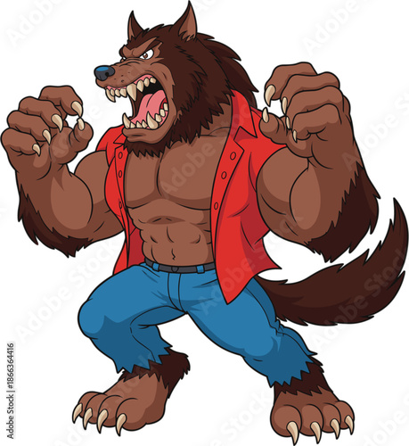 Angry werewolf cartoon character in torn clothes, fierce expression, muscular body, sharp claws, dynamic pose, flat vector illustration