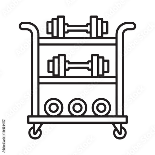 A simple line drawing of a dumbbell rack with weights on shelves