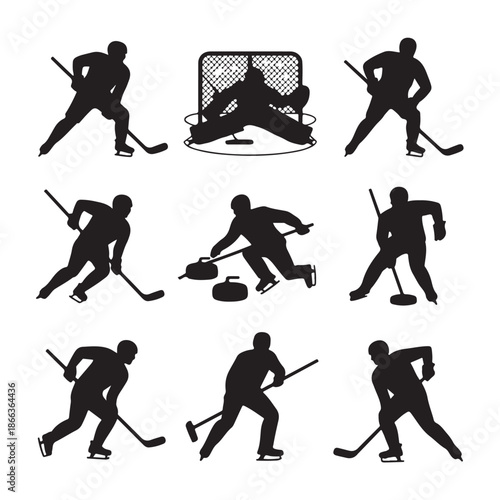 Winter Sports Icons Set Featuring Ice Hockey And Curling Black Silhouettes Isolated On Transparent Background Of Various Activities And Poses
