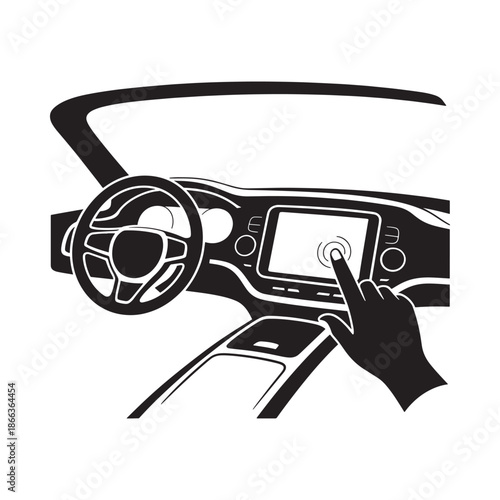 Black and white illustration of a car dashboard with a hand interacting with the screen
