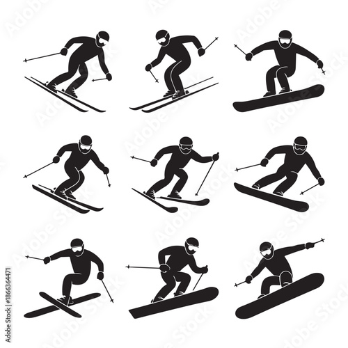 Winter Sports Icons Set Featuring Skiing And Snowboarding Black Silhouettes Isolated On Transparent Background Of Various Activities And Poses