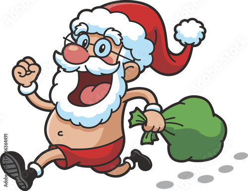 Funny shirtless Santa running with sack, holiday humor character, Christmas cartoon, energetic festive icon, flat vector illustration