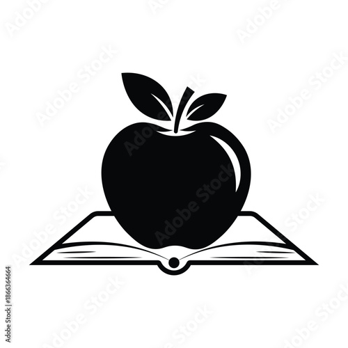 Stylized apple fruit on open book vector. School education, knowledge and teacher study logo icon design