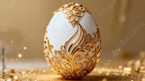 A beautiful white Easter egg decorated with gold ornamentation.