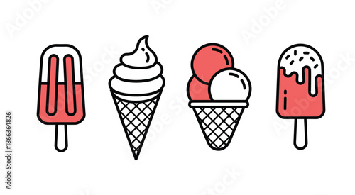 Assortment of four different ice cream treats with cones and popsicles in white and coral color palette, ideal for summer designs, food packaging