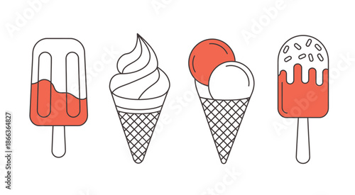 Assortment of four different ice cream treats including cones and popsicles in white and coral colors, perfect for summer themes, dessert illustrations, food branding