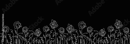 seamless pattern of abstract leaves,  flowers. isolated roses, butterfly on a black background. hand drawn illustration in doodle style. the art of one line. for print, banner, holiday ideas. art 