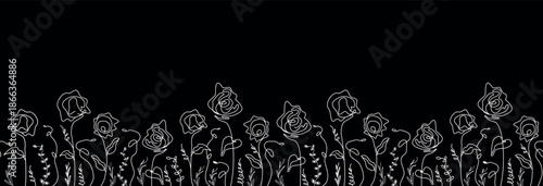 A seamless, modern pattern of abstract rose flowers, butterfly.  drawing in the one line style. A hand-made floral design. for print, wallpapers, minimalistic, natural art vector graphics.