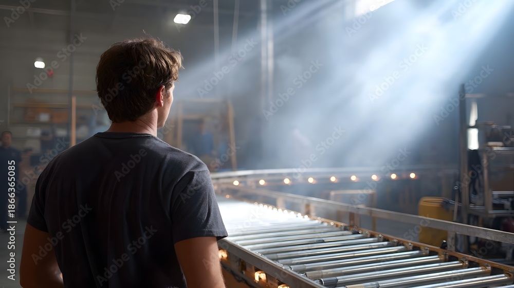 Obraz premium A man watches a production line with dramatic light beams and fog in an industrial factory
