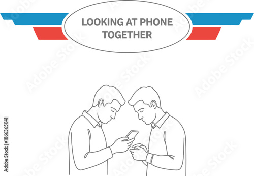 Black outline vector of two men looking at smartphone screen together