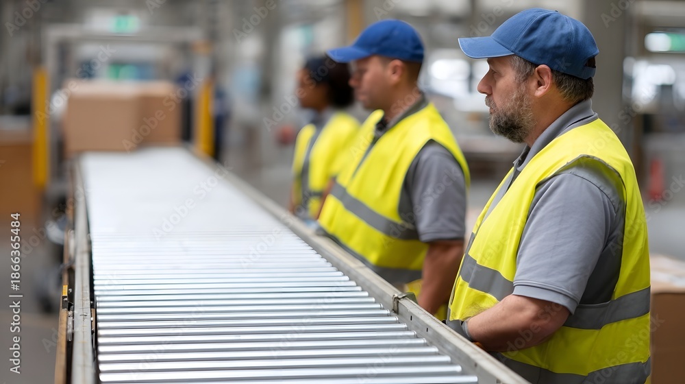 Fototapeta premium Workers in high visibility vests monitor a conveyor belt in a warehouse