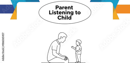 Black outline vector of father kneeling and listening attentively to child