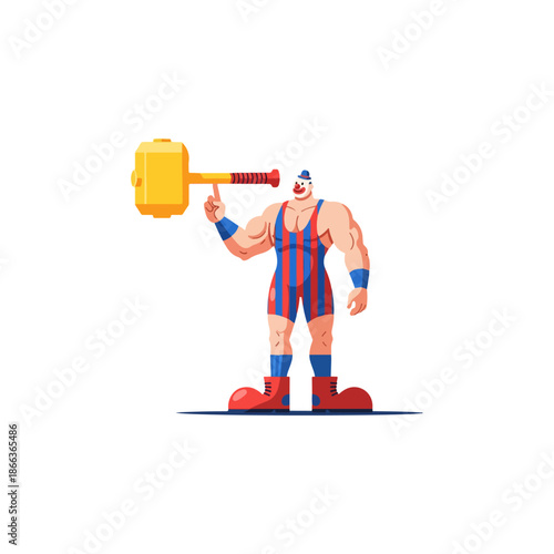 Strongman Clown Holding Large Yellow Mallet.