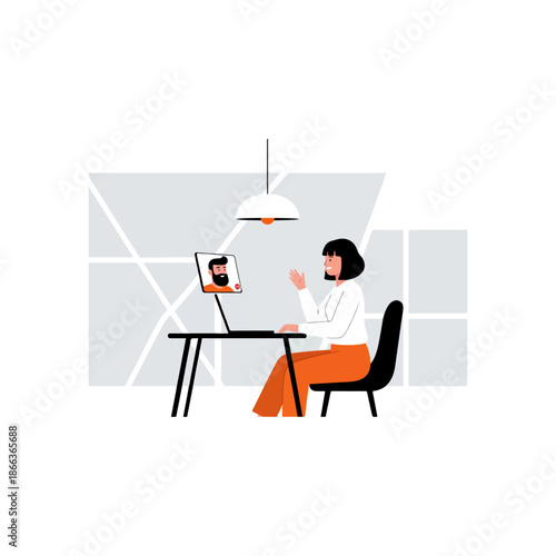 Woman Video Calling on Laptop at Desk.