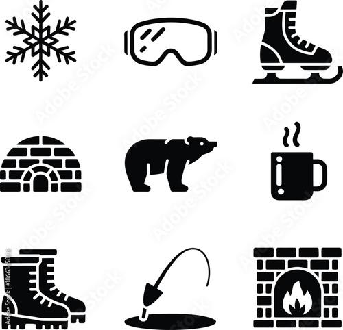 Winter sports and warmth icons snow ice skating and cozy fireplace