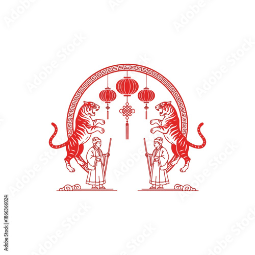 Red Illustration of Tigers and Guardians.