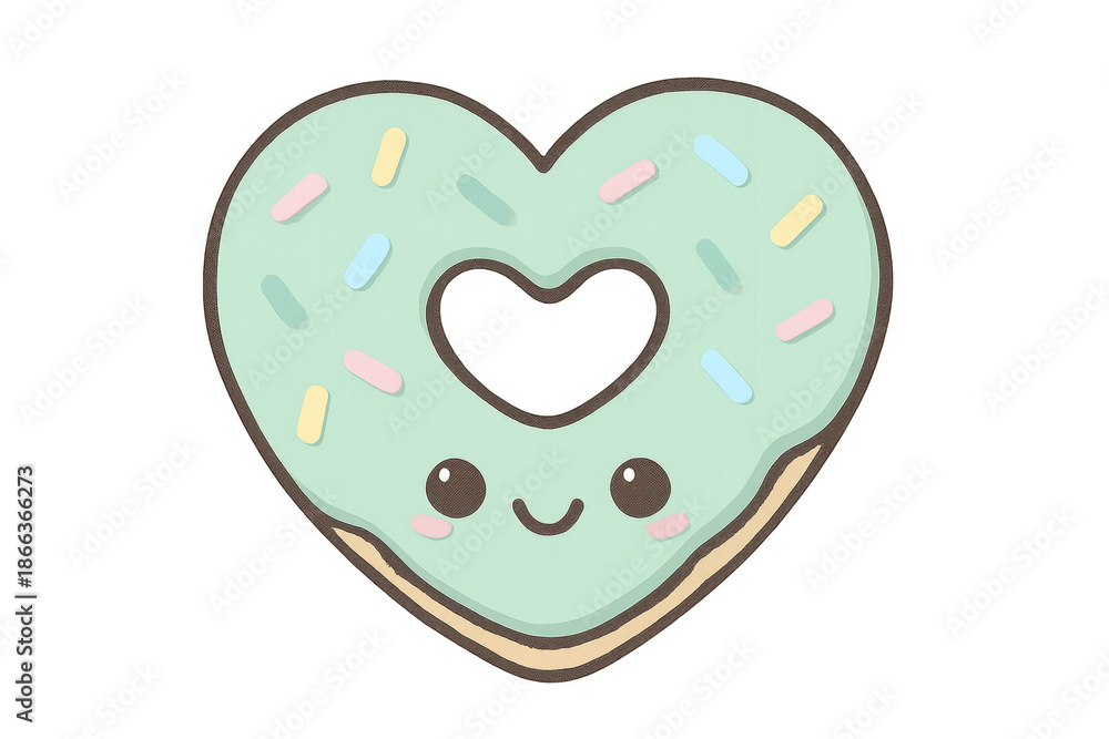 Obraz premium Kawaii heart donut with mint frosting and sprinkles