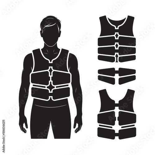 A man wearing a life vest and the vest s components illustrated beside him