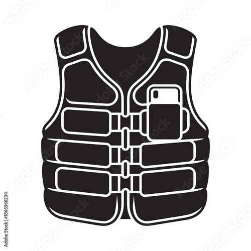 A black and white illustration of a life vest with a pocket