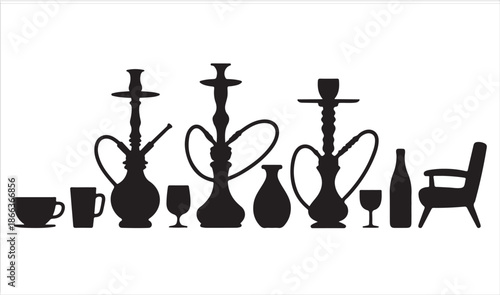 Black Silhouette Set of Hookah Pipes and Oriental Smoking Accessories