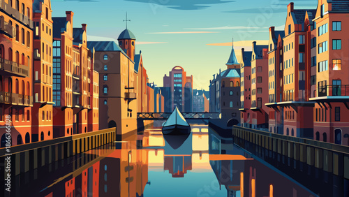Very beautiful view of Nikolaifleet in Speicherstadt, Hamburg, Germany, featuring historic warehouses, calm canals, and reflections that highlight the city’s maritime heritage and industrial beauty.