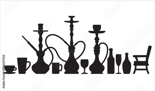 Traditional Hookah and Shisha Silhouettes with Middle Eastern Smoking Objects
