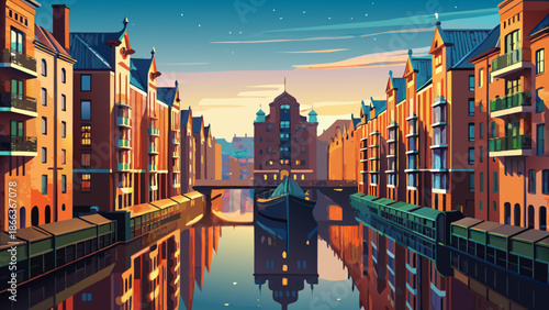 Very beautiful view of Nikolaifleet in Speicherstadt, Hamburg, Germany, featuring historic warehouses, calm canals, and reflections that highlight the city’s maritime heritage and industrial beauty.