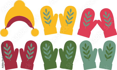 Colorful mittens and hat with wheat design on a white background