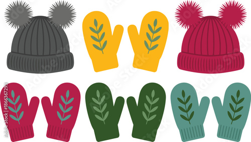 Colorful winter accessories hats and gloves for cold weather