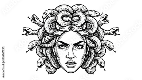 Powerful Gorgon Medusa's Head Featuring Intricate Snake Hair Illustration