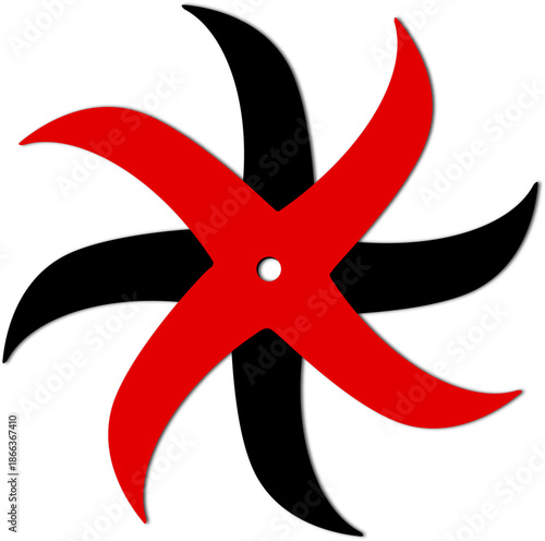 Abstract black and red pinwheel graphic a stylized swirling vortex design element for motion or energy concepts isolated on white background