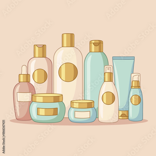 Collection of cosmetic products for skincare and beauty.