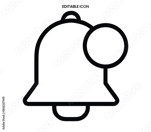 Simple black and white outline of a notification bell icon with a circular striker element