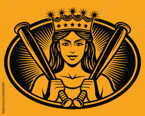Crowned Woman with Baseball Bats, Seven-Star Halo, Bold Black on Orange, Athletic Royalty Graphic, Power and Leadership Symbolic Art