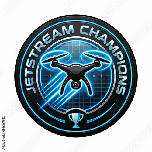 Jetstream Champions drone racing emblem with radar grid and glowing ring, modern FPV badge vector for pilots, leagues, clubs and merchandise