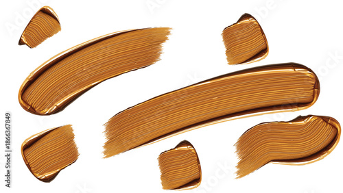 Set of Golden Acrylic Paint Strokes and Liquid Foundation Smears Isolated on White Background, Luxury Cosmetic Texture