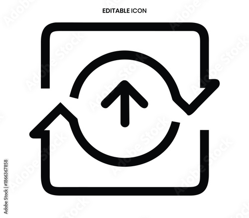 A simple black and white icon depicting a square with a circular recycling arrow inside