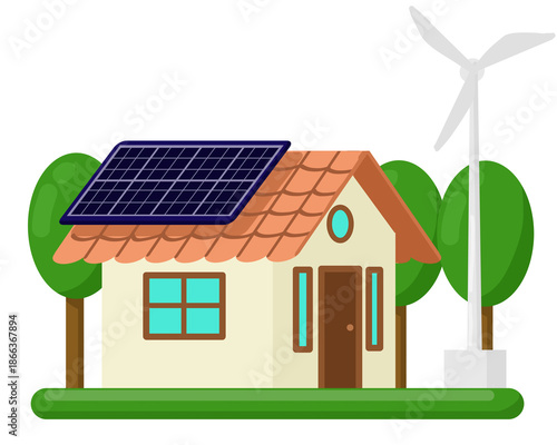 Sustainable Home with Solar Panel and Wind Turbine