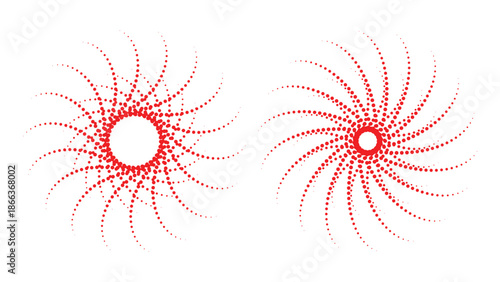 Set of 2 Red Dotted Spiral Sunburst Vector Illustrations