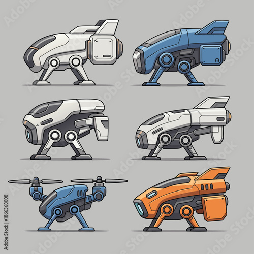 Collection of futuristic robotic vehicles and drones.