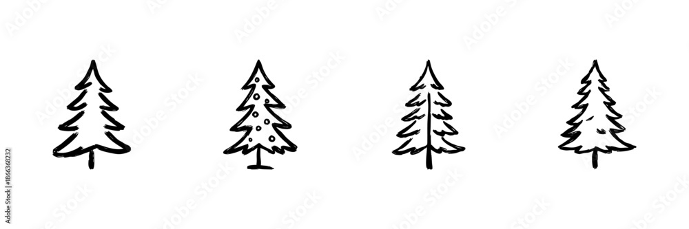 Fototapeta premium Four Pine Tree Line Icons In Doodle Style. Evergreen Forest, Nature, And Holiday Season Outline Sketch Collection. Hand Drawn Isolated Vector Illustration
