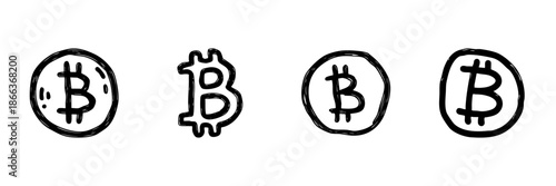 Bitcoin Cryptocurrency Symbol Line Icon Set In Doodle Style. Digital Currency, Blockchain, And Financial Technology Outline Sketch Collection. Hand Drawn Isolated Vector Illustration