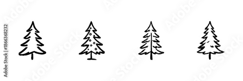 Four Pine Tree Line Icons In Doodle Style. Evergreen Forest, Nature, And Holiday Season Outline Sketch Collection. Hand Drawn Isolated Vector Illustration