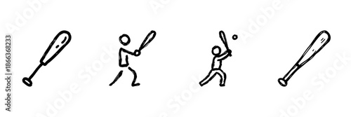 Baseball Bat And Player Line Icon Set In Doodle Style. Sports Activity, Team Game, And Recreation Outline Sketch Collection. Hand Drawn Isolated Vector Illustration