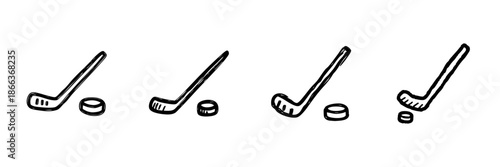 Hockey Stick And Puck Line Icon Set In Doodle Style. Ice Hockey Equipment And Sports Symbol Outline Sketch Collection. Athletic Gear And Game Essentials. Hand Drawn Isolated Vector Illustration