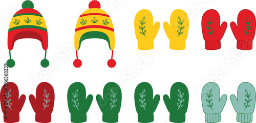 Colorful knitted hats and mittens for winter wear