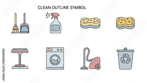 Collection of cleaning tools and household appliances in outline style.